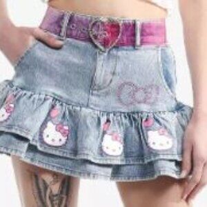 New Hello Kitty Pink Heart Belt Denim Mini Skirt